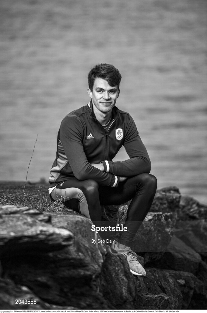 24 January 2020; (EDITOR'S NOTE; Image has been converted to black & white) Rower Fintan McCarthy during a Tokyo 2020 Team Ireland Announcement for Rowing at the National Rowing Centre in Cork. Photo by Seb Daly/Sportsfile