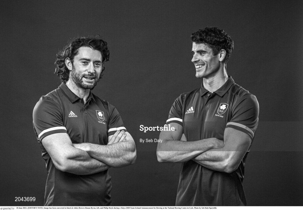 18 June 2021; (EDITOR'S NOTE; Image has been converted to black & white) Rowers Ronan Byrne, left, and Philip Doyle during a Tokyo 2020 Team Ireland Announcement for Rowing at the National Rowing Centre in Cork. Photo by Seb Daly/Sportsfile