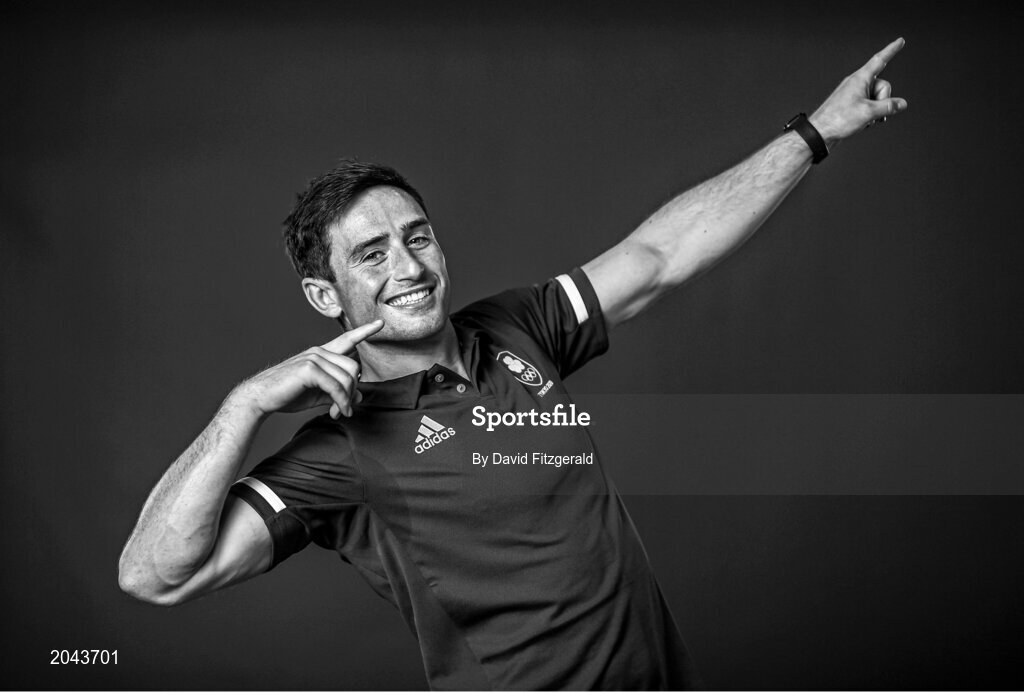 6 July 2021; (EDITOR'S NOTE; Image has been converted to black & white) Team Ireland rugby 7's squad captain Billy Dardis during a Tokyo 2020 Official Team Ireland Announcement for Rugby 7s at Sport Ireland Campus in Dublin. Photo by David Fitzgerald/Sportsfile