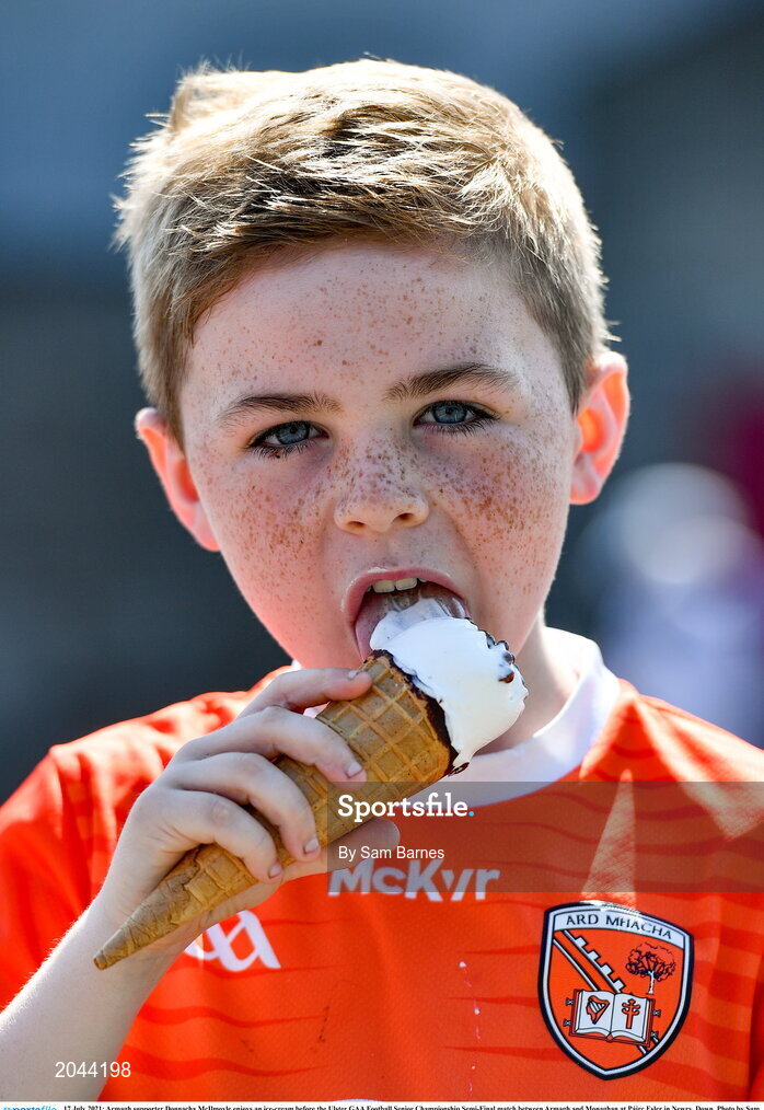 17 July 2021; Armagh supporter Donnacha McIlmoyle enjoys an ice-cream before the Ulster GAA Football Senior Championship Semi-Final match between Armagh and Monaghan at Páirc Esler in Newry, Down. Photo by Sam Barnes/Sportsfile