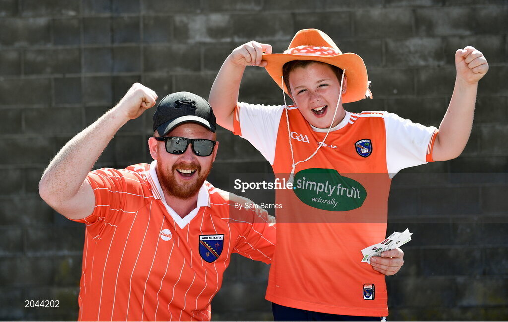 17 July 2021; Armagh supporter Danny Carragher and his son Oisin, aged 9, before the Ulster GAA Football Senior Championship Semi-Final match between Armagh and Monaghan at Páirc Esler in Newry, Down. Photo by Sam Barnes/Sportsfile