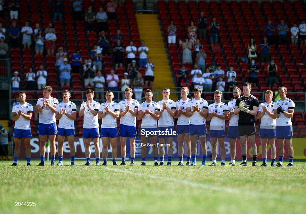 17 July 2021; The Monaghan team stand for a moments applause in memory of Monaghan Under-20 captain Brendan Óg O Dufaigh before the the Ulster GAA Football Senior Championship Semi-Final match between Armagh and Monaghan at Páirc Esler in Newry, Down. Photo by Sam Barnes/Sportsfile