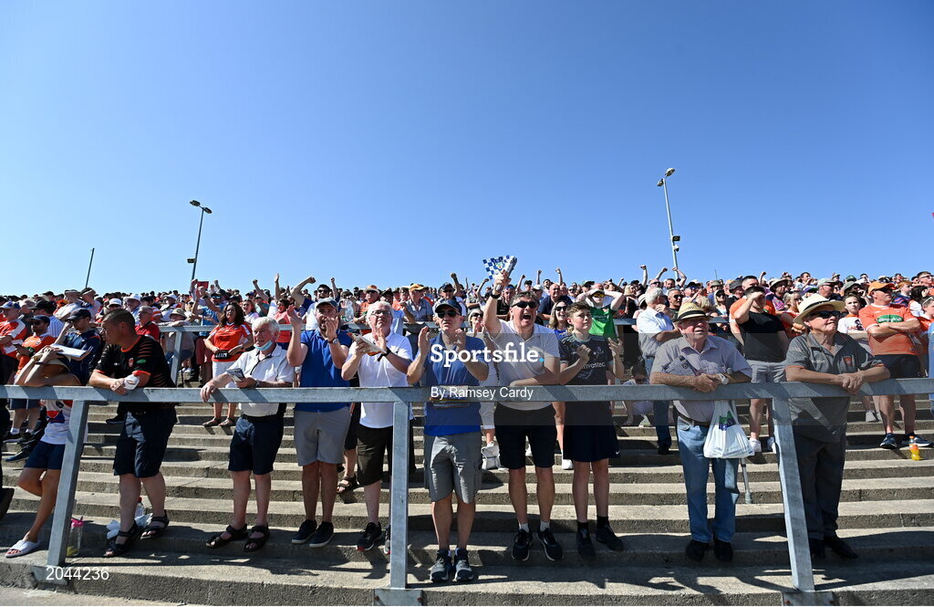 17 July 2021; Monaghan supporters celebrate their side's second goal during the Ulster GAA Football Senior Championship Semi-Final match between Armagh and Monaghan at Páirc Esler in Newry, Down. Photo by Ramsey Cardy/Sportsfile