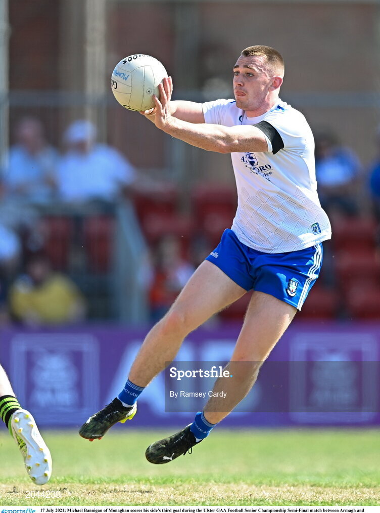 17 July 2021; Michael Bannigan of Monaghan scores his side's third goal during the Ulster GAA Football Senior Championship Semi-Final match between Armagh and Monaghan at Páirc Esler in Newry, Down. Photo by Ramsey Cardy/Sportsfile