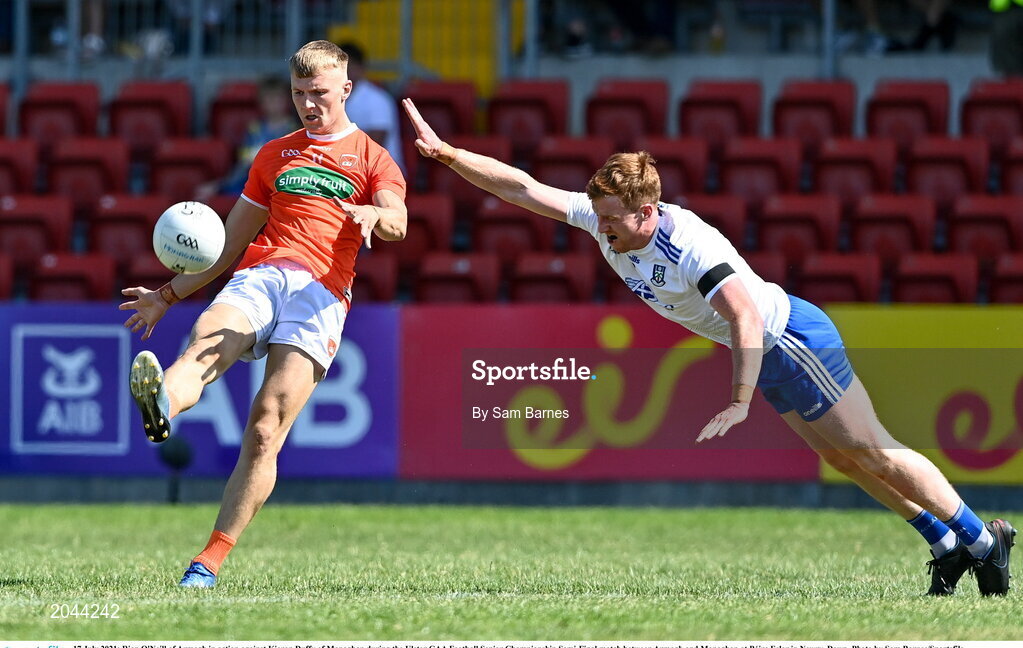 17 July 2021; Rian O'Neill of Armagh in action against Kieran Duffy of Monaghan during the Ulster GAA Football Senior Championship Semi-Final match between Armagh and Monaghan at Páirc Esler in Newry, Down. Photo by Sam Barnes/Sportsfile