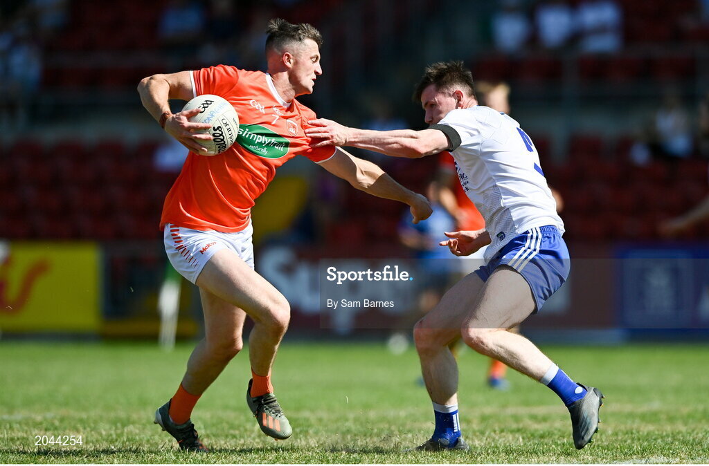 17 July 2021; Connaire Mackin of Armagh in action against Karl O'Connell of Monaghan during the Ulster GAA Football Senior Championship Semi-Final match between Armagh and Monaghan at Páirc Esler in Newry, Down. Photo by Sam Barnes/Sportsfile