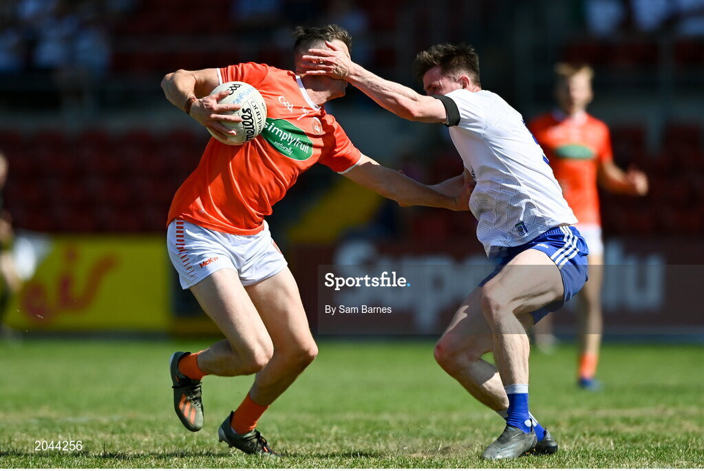 17 July 2021; Connaire Mackin of Armagh in action against Karl O'Connell of Monaghan during the Ulster GAA Football Senior Championship Semi-Final match between Armagh and Monaghan at Páirc Esler in Newry, Down. Photo by Sam Barnes/Sportsfile
