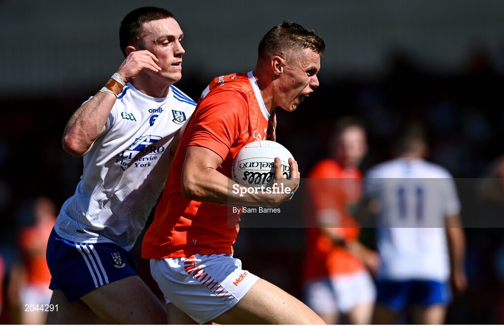 17 July 2021; Oisin O'Neill of Armagh in action against Killian Lavelle of Monaghan during the Ulster GAA Football Senior Championship Semi-Final match between Armagh and Monaghan at Páirc Esler in Newry, Down. Photo by Sam Barnes/Sportsfile