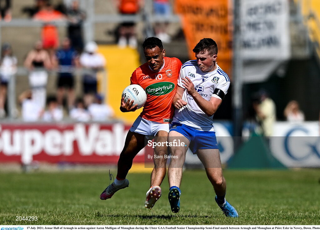 17 July 2021; Jemar Hall of Armagh in action against Aaron Mulligan of Monaghan during the Ulster GAA Football Senior Championship Semi-Final match between Armagh and Monaghan at Páirc Esler in Newry, Down. Photo by Sam Barnes/Sportsfile