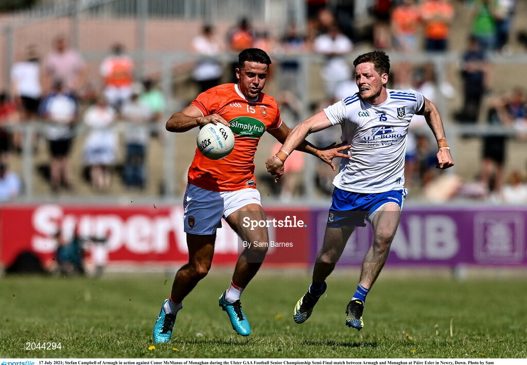 17 July 2021; Stefan Campbell of Armagh in action against Conor McManus of Monaghan during the Ulster GAA Football Senior Championship Semi-Final match between Armagh and Monaghan at Páirc Esler in Newry, Down. Photo by Sam Barnes/Sportsfile
