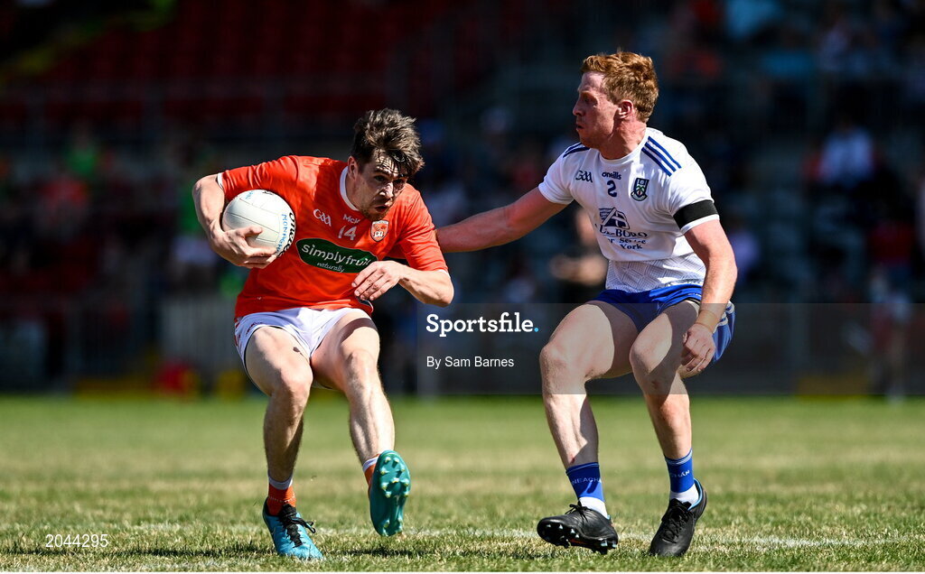17 July 2021; Andrew Murnin of Armagh in action against Kieran Duffy of Monaghan during the Ulster GAA Football Senior Championship Semi-Final match between Armagh and Monaghan at Páirc Esler in Newry, Down. Photo by Sam Barnes/Sportsfile