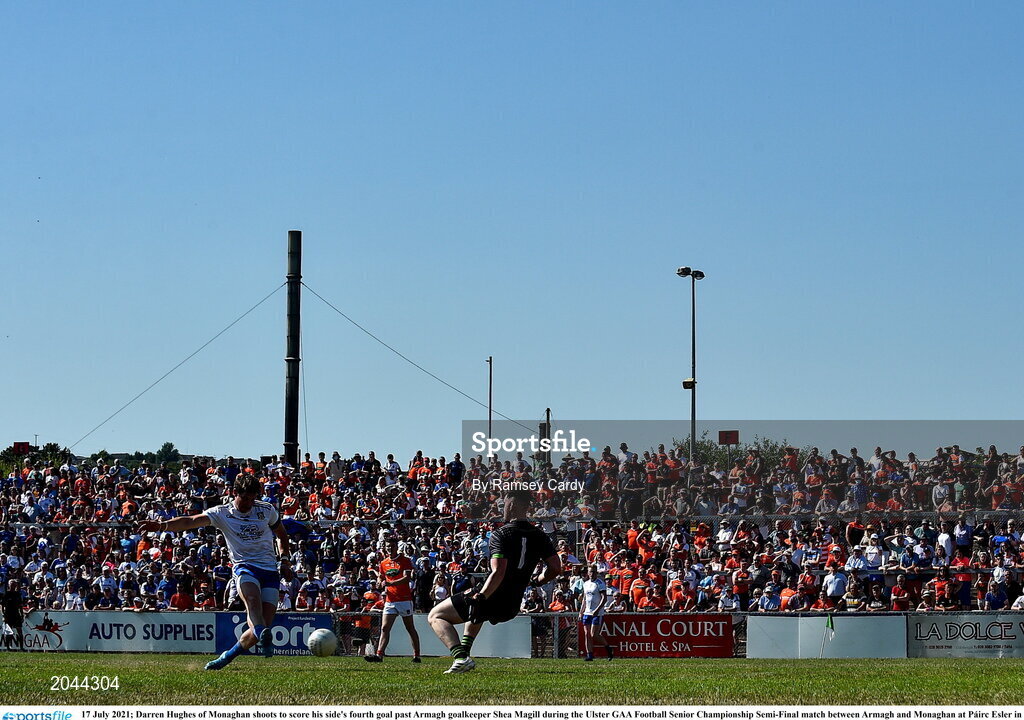 17 July 2021; Darren Hughes of Monaghan shoots to score his side's fourth goal past Armagh goalkeeper Shea Magill during the Ulster GAA Football Senior Championship Semi-Final match between Armagh and Monaghan at Páirc Esler in Newry, Down. Photo by Ramsey Cardy/Sportsfile