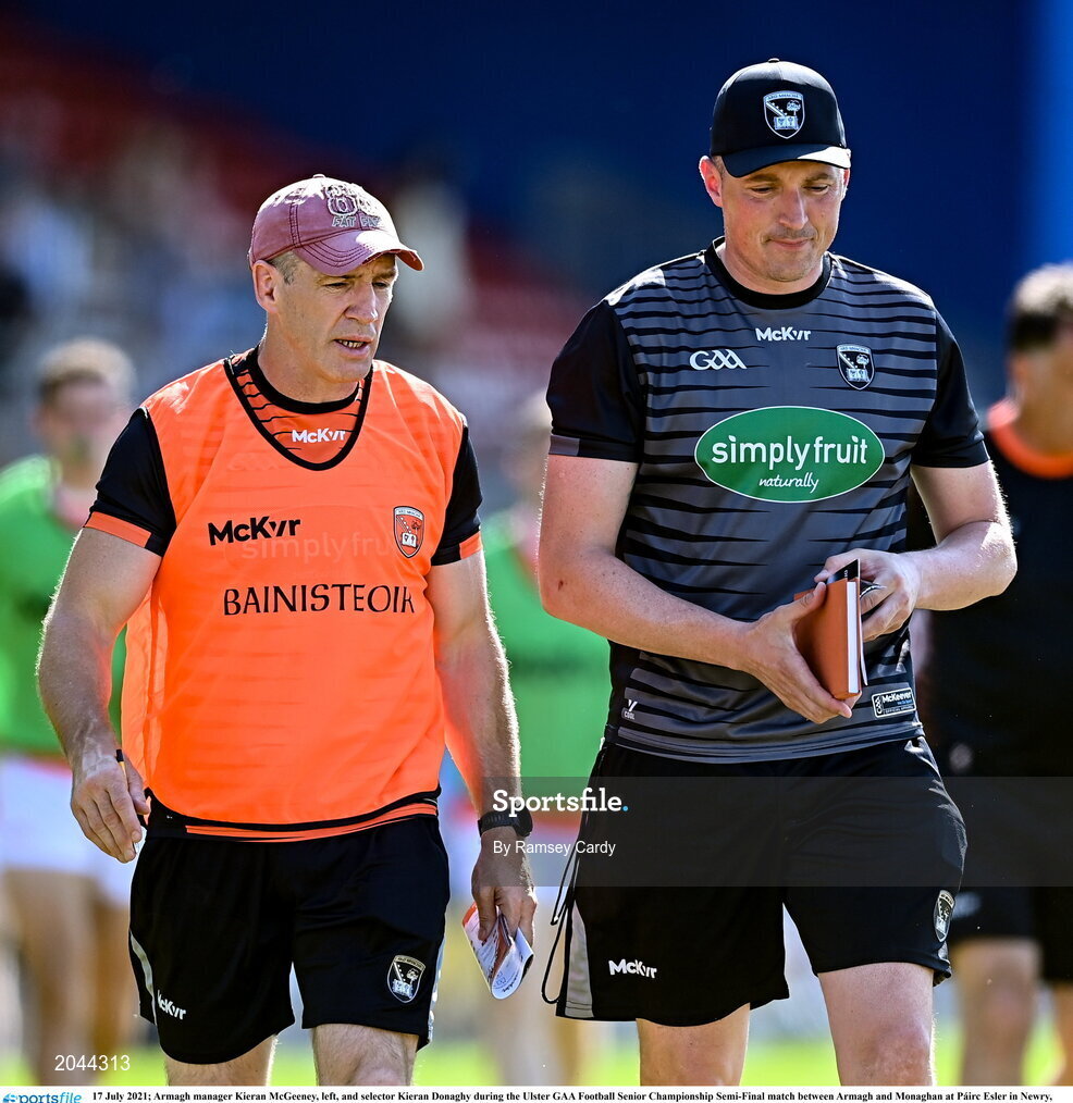 17 July 2021; Armagh manager Kieran McGeeney, left, and selector Kieran Donaghy during the Ulster GAA Football Senior Championship Semi-Final match between Armagh and Monaghan at Páirc Esler in Newry, Down. Photo by Ramsey Cardy/Sportsfile