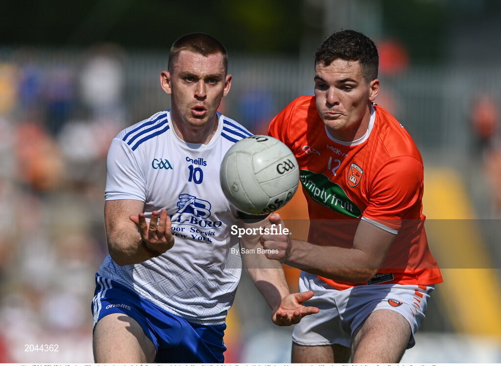 17 July 2021; Michael Bannigan of Monaghan in action against Jarly Óg Burns of Armagh during the Ulster GAA Football Senior Championship Semi-Final match between Armagh and Monaghan at Páirc Esler in Newry, Down. Photo by Sam Barnes/Sportsfile