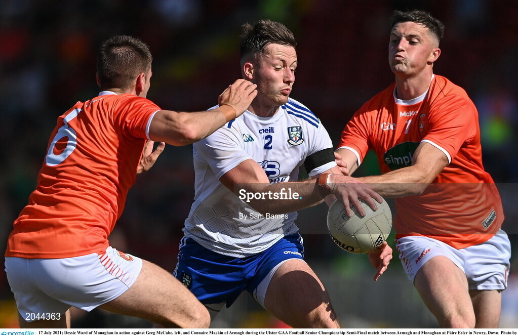 17 July 2021; Dessie Ward of Monaghan in action against Greg McCabe, left, and Connaire Mackin of Armagh during the Ulster GAA Football Senior Championship Semi-Final match between Armagh and Monaghan at Páirc Esler in Newry, Down. Photo by Sam Barnes/Sportsfile