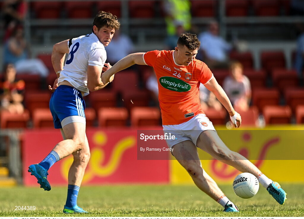 17 July 2021; Tiernan Kelly of Armagh scores his side's second goal during the Ulster GAA Football Senior Championship Semi-Final match between Armagh and Monaghan at Páirc Esler in Newry, Down. Photo by Ramsey Cardy/Sportsfile
