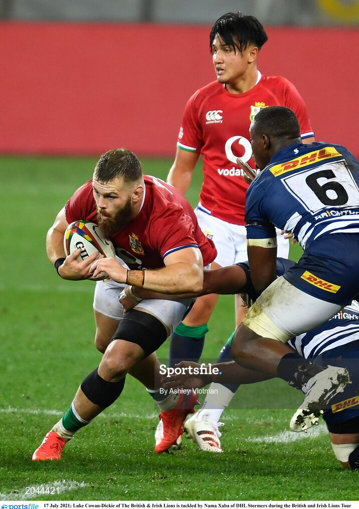 17 July 2021; Luke Cowan-Dickie of The British & Irish Lions is tackled by Nama Xaba of DHL Stormers during the British and Irish Lions Tour match between DHL Stormers and The British & Irish Lions at Cape Town Stadium in Cape Town, South Africa. Photo by Ashley Vlotman/Sportsfile