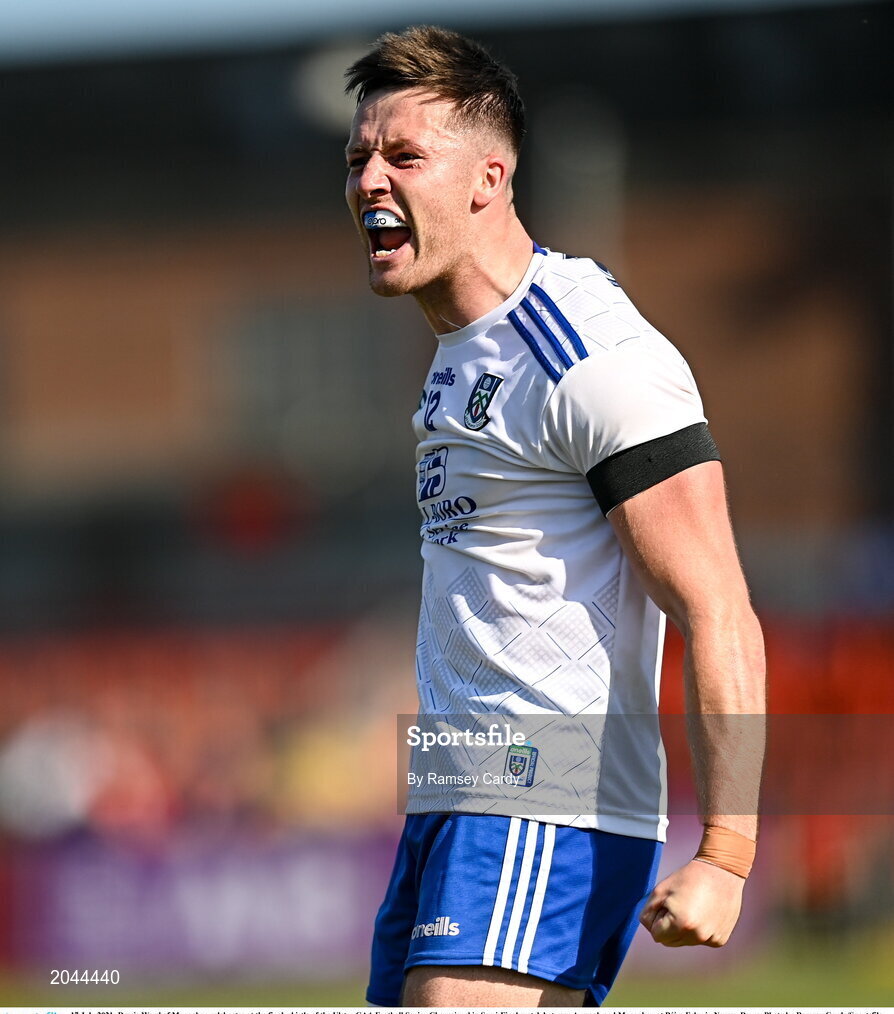 17 July 2021; Dessie Ward of Monaghan celebrates at the final whistle of the Ulster GAA Football Senior Championship Semi-Final match between Armagh and Monaghan at Páirc Esler in Newry, Down. Photo by Ramsey Cardy/Sportsfile