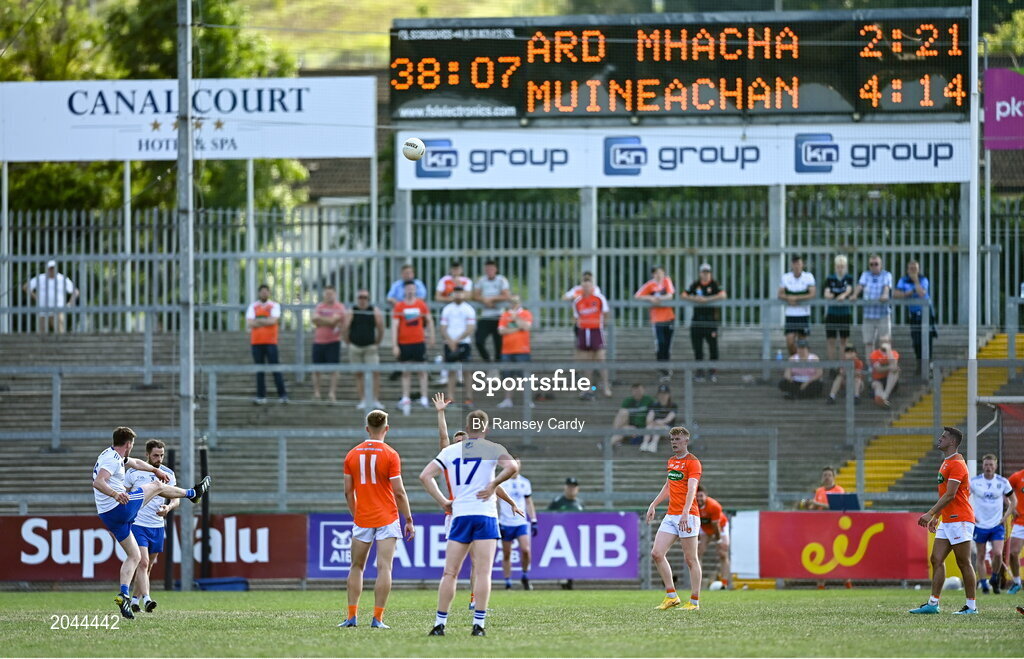 17 July 2021; Conor McManus of Monaghan kicks a late equalising point during the Ulster GAA Football Senior Championship Semi-Final match between Armagh and Monaghan at Páirc Esler in Newry, Down. Photo by Ramsey Cardy/Sportsfile
