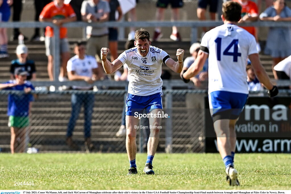 17 July 2021; Conor McManus, left, and Jack McCarron of Monaghan celebrate after their side's victory in the Ulster GAA Football Senior Championship Semi-Final match between Armagh and Monaghan at Páirc Esler in Newry, Down. Photo by Sam Barnes/Sportsfile