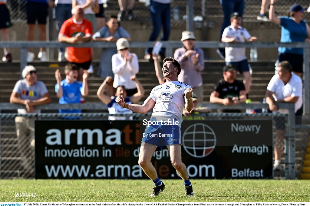 17 July 2021; Conor McManus of Monaghan celebrates at the final whistle after his side's victory in the Ulster GAA Football Senior Championship Semi-Final match between Armagh and Monaghan at Páirc Esler in Newry, Down. Photo by Sam Barnes/Sportsfile