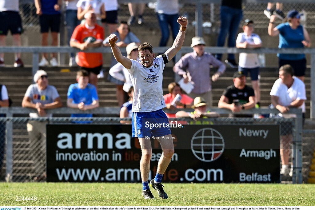 17 July 2021; Conor McManus of Monaghan celebrates at the final whistle after his side's victory in the Ulster GAA Football Senior Championship Semi-Final match between Armagh and Monaghan at Páirc Esler in Newry, Down. Photo by Sam Barnes/Sportsfile