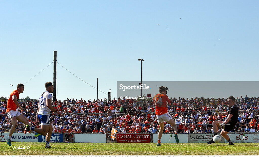 17 July 2021; Tiernan Kelly of Armagh scores his side's second goal during the Ulster GAA Football Senior Championship Semi-Final match between Armagh and Monaghan at Páirc Esler in Newry, Down. Photo by Ramsey Cardy/Sportsfile