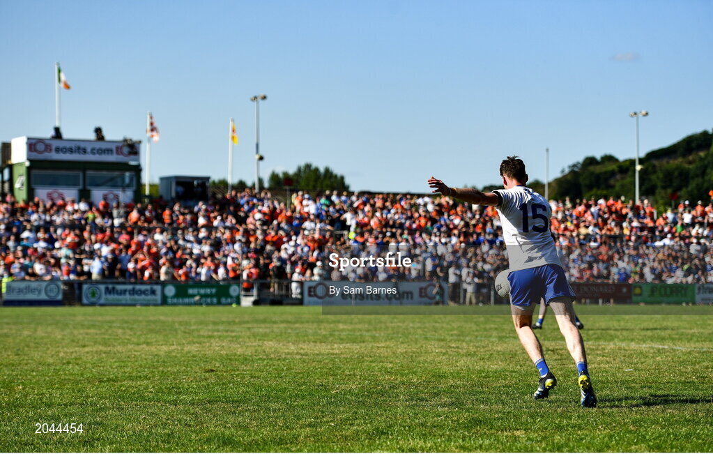 17 July 2021; Conor McManus of Monaghan kicks a late free during the Ulster GAA Football Senior Championship Semi-Final match between Armagh and Monaghan at Páirc Esler in Newry, Down. Photo by Sam Barnes/Sportsfile