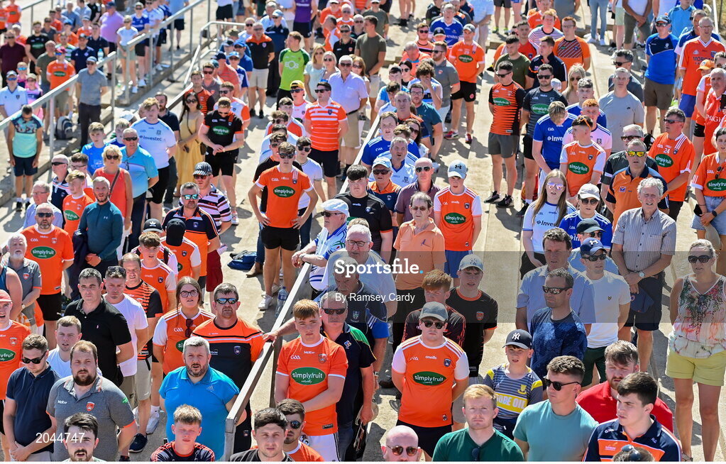17 July 2021; Supporters during the playing of the National Anthem before the during the Ulster GAA Football Senior Championship Semi-Final match between Armagh and Monaghan at Páirc Esler in Newry, Down. Photo by Ramsey Cardy/Sportsfile