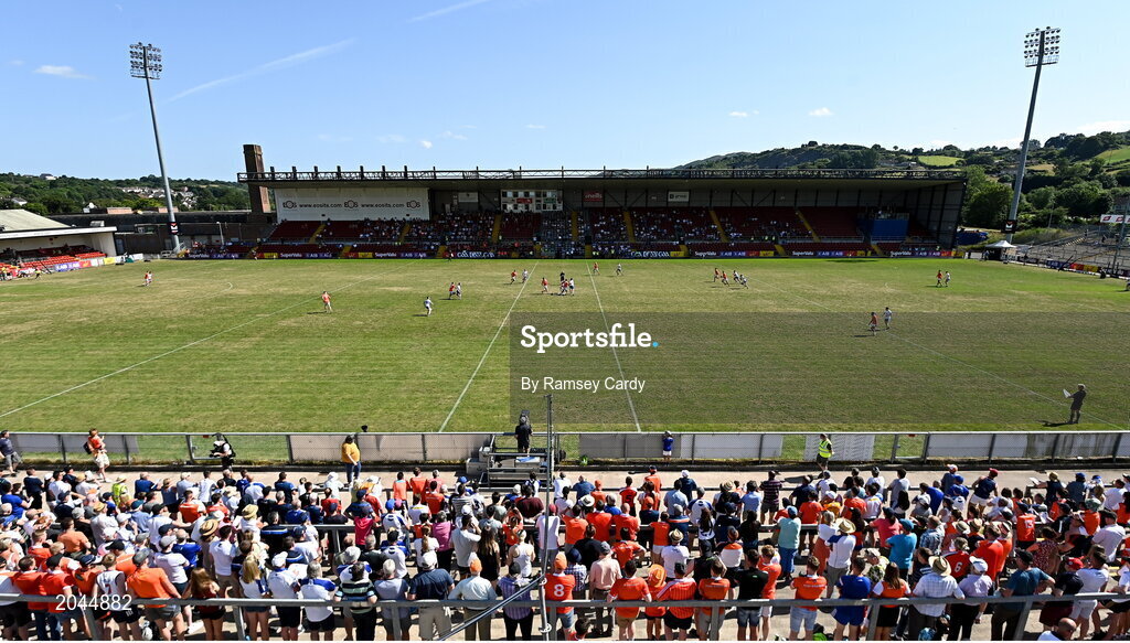 17 July 2021; Referee David Coldrick throws in the ball for the start of the Ulster GAA Football Senior Championship Semi-Final match between Armagh and Monaghan at Páirc Esler in Newry, Down. Photo by Ramsey Cardy/Sportsfile