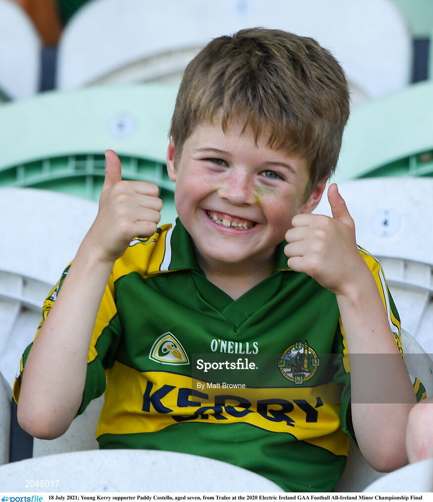 18 July 2021; Young Kerry supporter Paddy Costello, aged seven, from Tralee at the 2020 Electric Ireland GAA Football All-Ireland Minor Championship Final match between Derry and Kerry at Bord Na Mona O’Connor Park in Tullamore. Photo by Matt Browne/Sportsfile