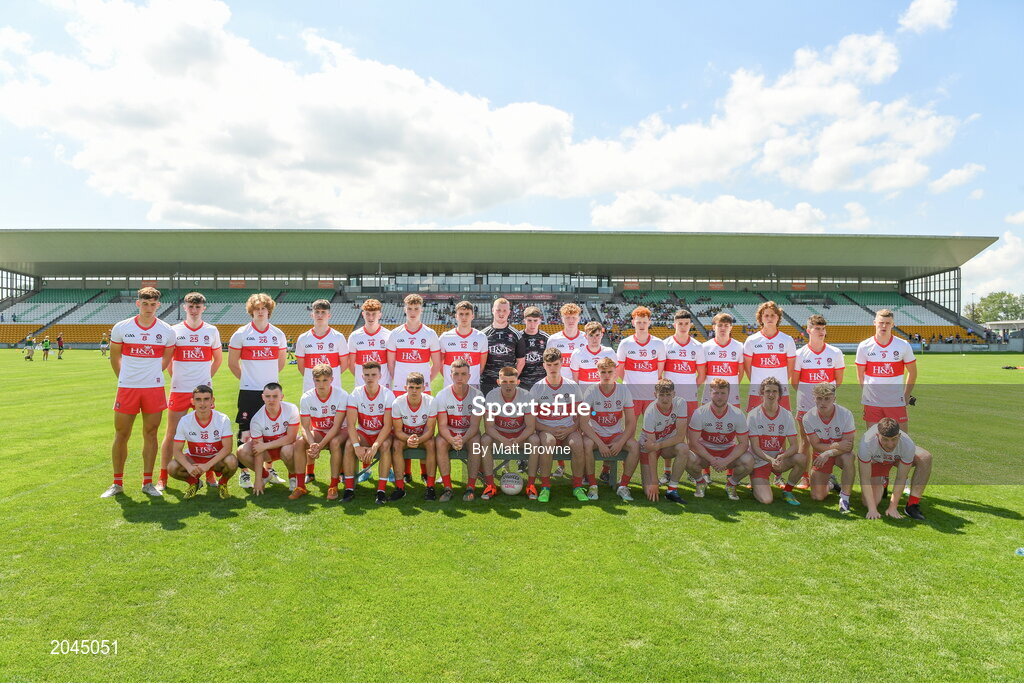 18 July 2021; The Derry squad before the 2020 Electric Ireland GAA Football All-Ireland Minor Championship Final match between Derry and Kerry at Bord Na Mona O’Connor Park in Tullamore. Photo by Matt Browne/Sportsfile