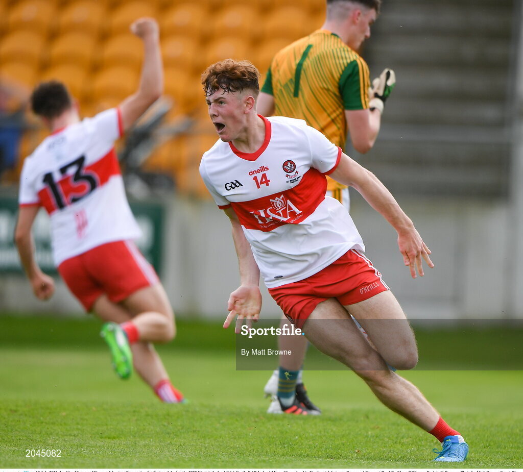 18 July 2021; Lachlan Murray of Derry celebrates after scoring the first goal during the 2020 Electric Ireland GAA Football All-Ireland Minor Championship Final match between Derry and Kerry at Bord Na Mona O’Connor Park in Tullamore. Photo by Matt Browne/Sportsfile