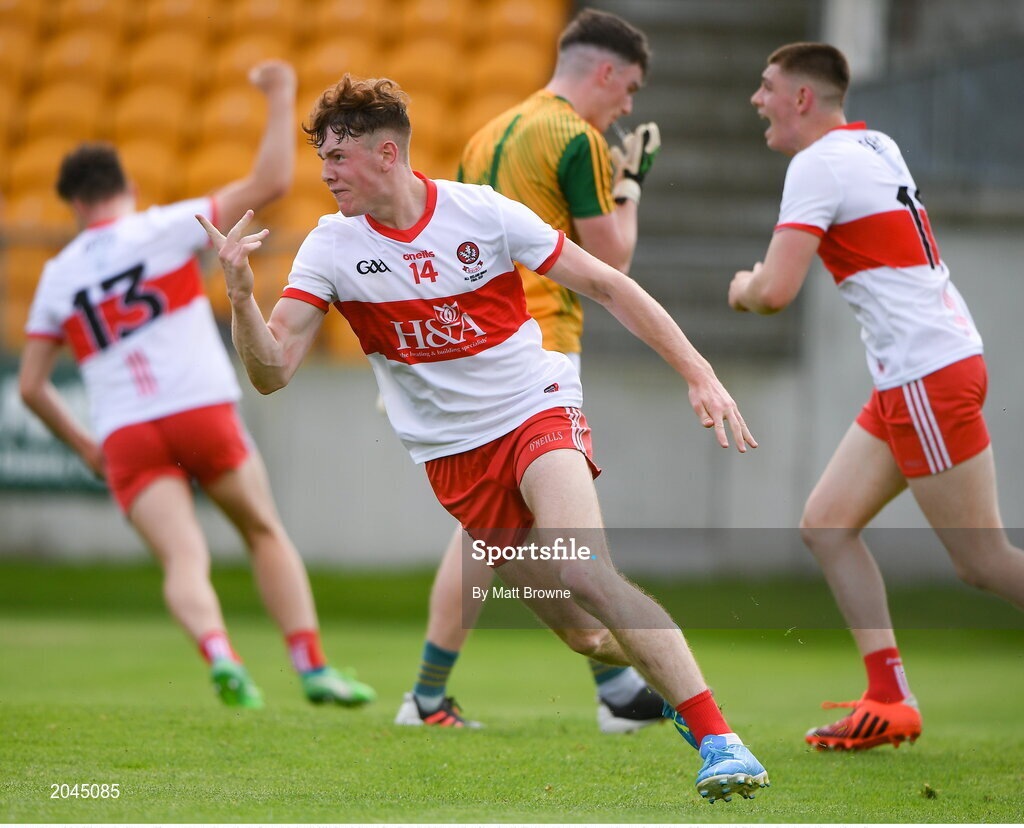 18 July 2021; Lachlan Murray of Derry celebrates after scoring the first goal during the 2020 Electric Ireland GAA Football All-Ireland Minor Championship Final match between Derry and Kerry at Bord Na Mona O’Connor Park in Tullamore. Photo by Matt Browne/Sportsfile