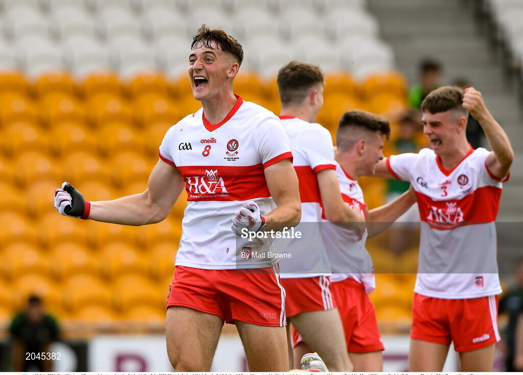 18 July 2021; Dan Higgins of Derry celebrates after the final whistle of the 2020 Electric Ireland GAA Football All-Ireland Minor Championship Final match between Derry and Kerry at Bord Na Mona O’Connor Park in Tullamore. Photo by Matt Browne/Sportsfile
