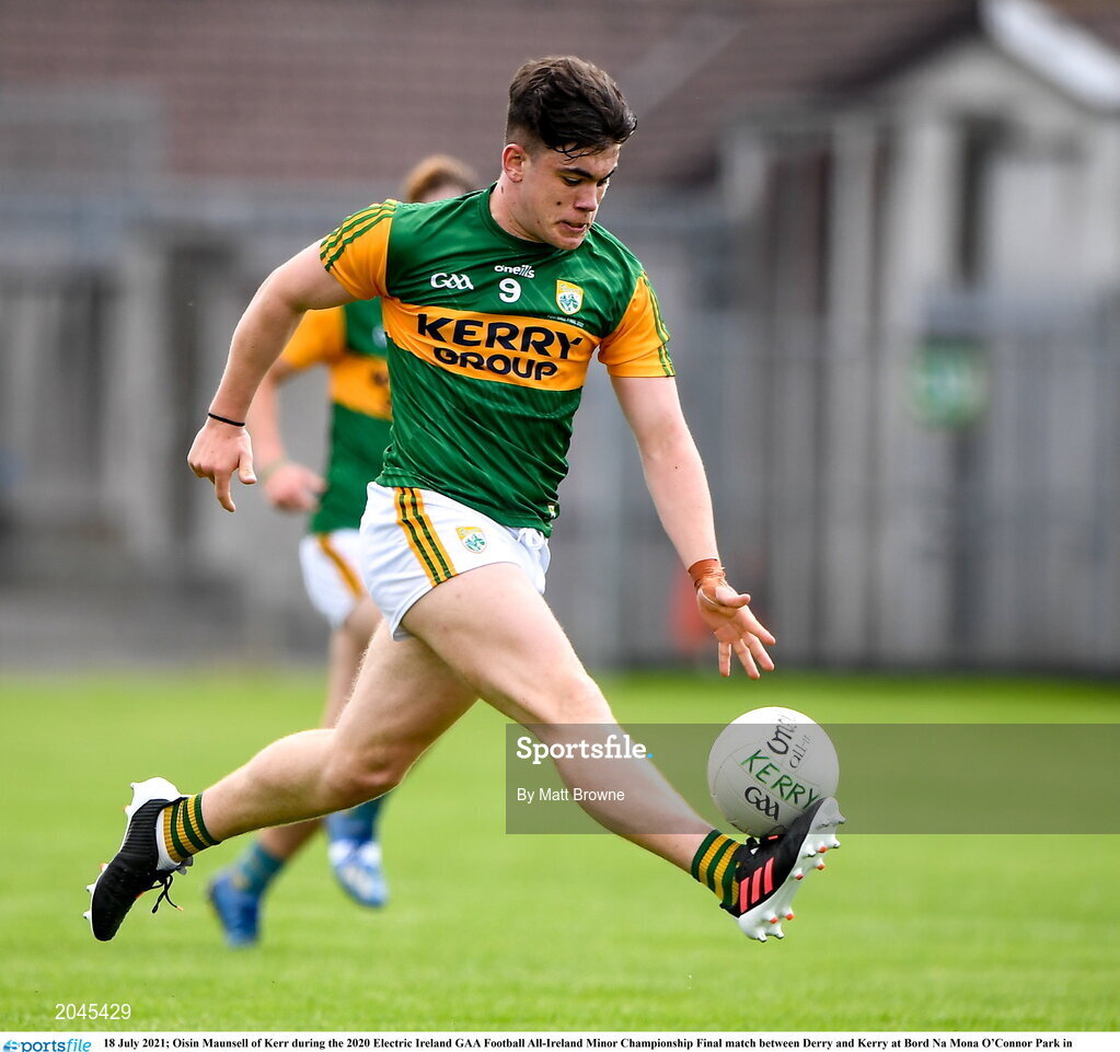 18 July 2021; Oisin Maunsell of Kerr during the 2020 Electric Ireland GAA Football All-Ireland Minor Championship Final match between Derry and Kerry at Bord Na Mona O’Connor Park in Tullamore. Photo by Matt Browne/Sportsfile
