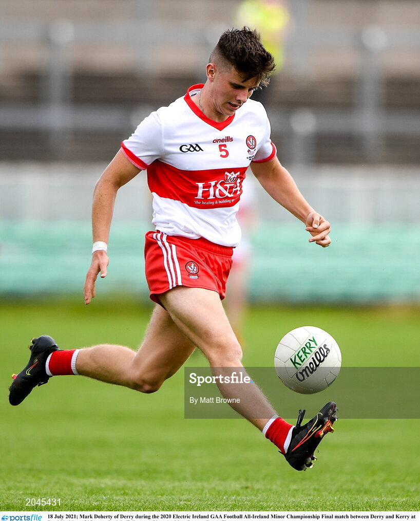 18 July 2021; Mark Doherty of Derry during the 2020 Electric Ireland GAA Football All-Ireland Minor Championship Final match between Derry and Kerry at Bord Na Mona O’Connor Park in Tullamore. Photo by Matt Browne/Sportsfile