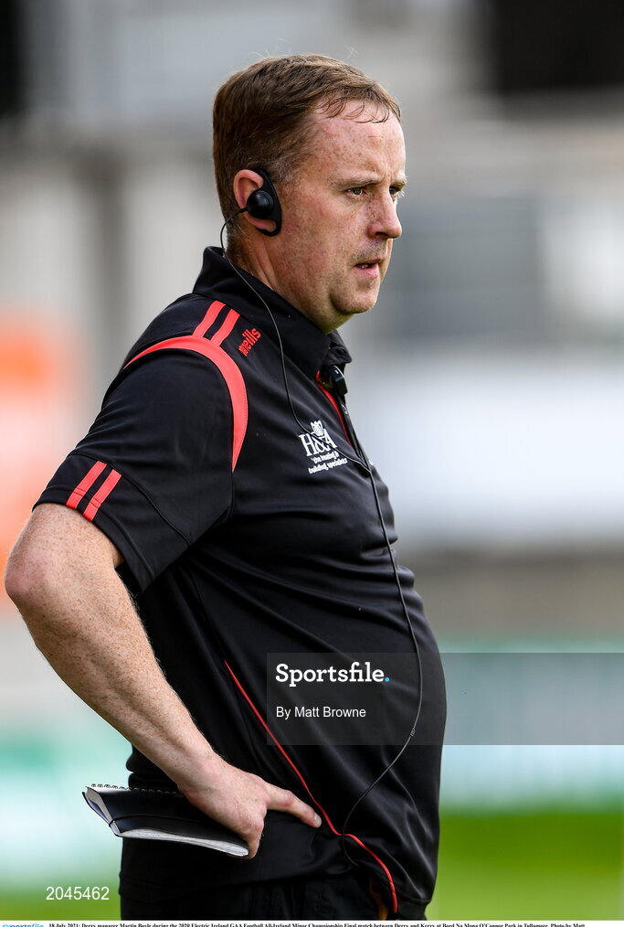 18 July 2021; Derry manager Martin Boyle during the 2020 Electric Ireland GAA Football All-Ireland Minor Championship Final match between Derry and Kerry at Bord Na Mona O’Connor Park in Tullamore. Photo by Matt Browne/Sportsfile