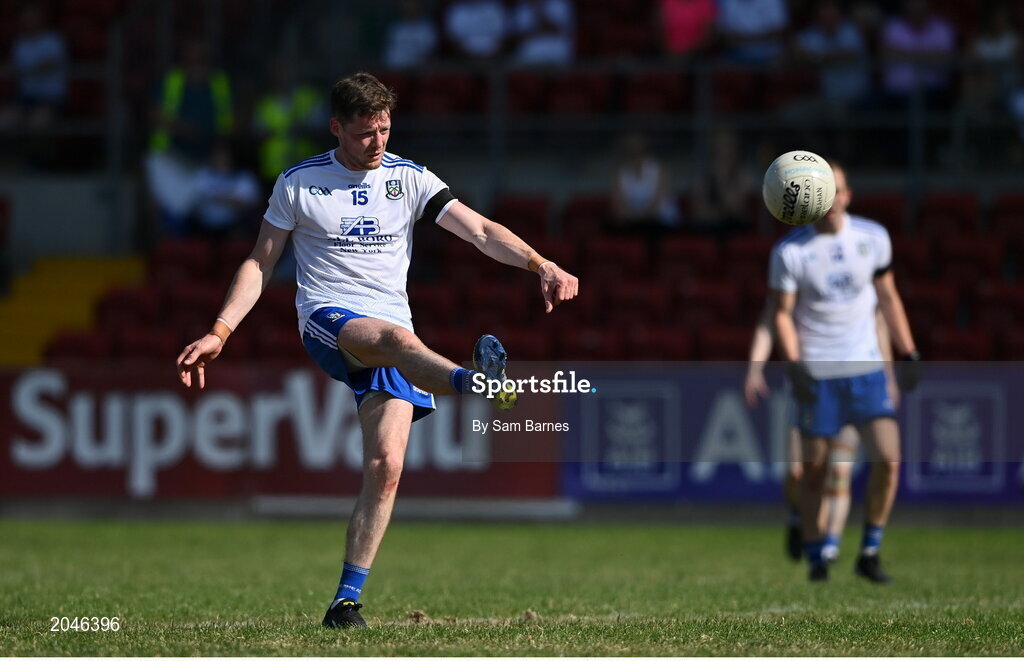 17 July 2021; Conor McManus of Monaghan kicks a free during the Ulster GAA Football Senior Championship Semi-Final match between Armagh and Monaghan at Páirc Esler in Newry, Down. Photo by Sam Barnes/Sportsfile