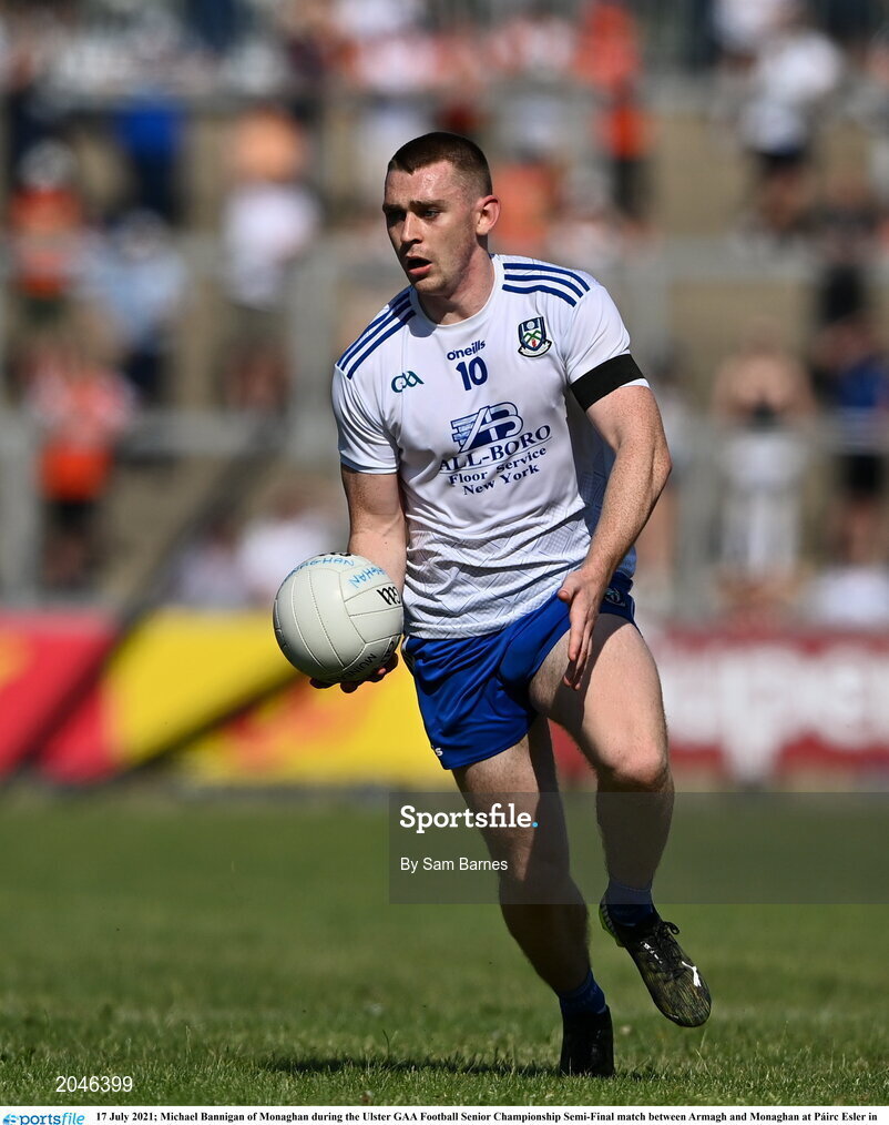 17 July 2021; Michael Bannigan of Monaghan during the Ulster GAA Football Senior Championship Semi-Final match between Armagh and Monaghan at Páirc Esler in Newry, Down. Photo by Sam Barnes/Sportsfile