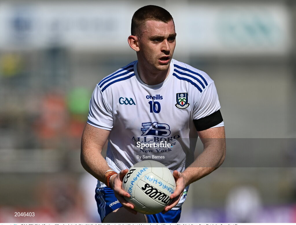 17 July 2021; Michael Bannigan of Monaghan during the Ulster GAA Football Senior Championship Semi-Final match between Armagh and Monaghan at Páirc Esler in Newry, Down. Photo by Sam Barnes/Sportsfile