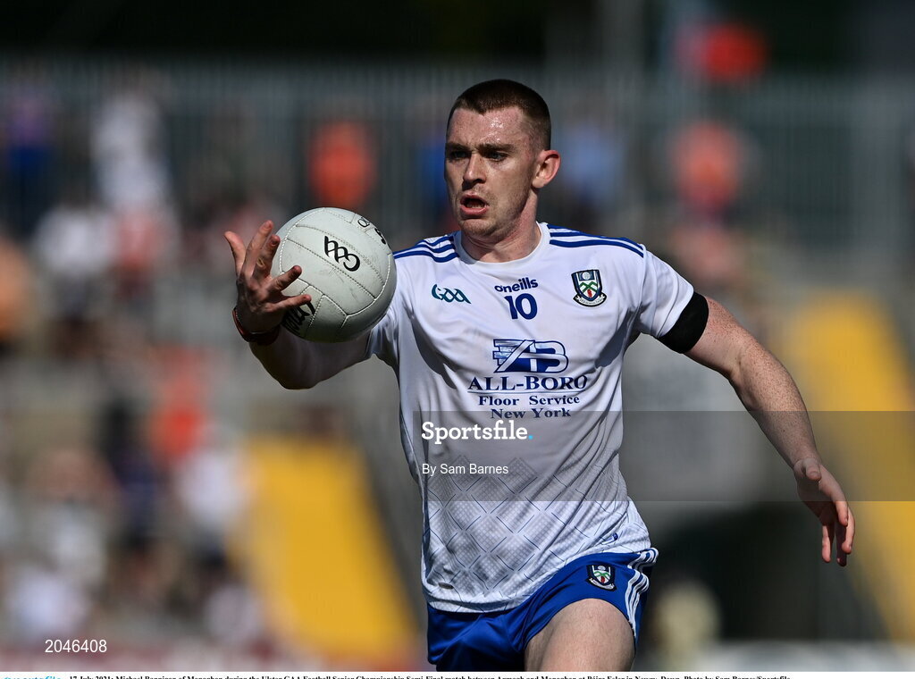 17 July 2021; Michael Bannigan of Monaghan during the Ulster GAA Football Senior Championship Semi-Final match between Armagh and Monaghan at Páirc Esler in Newry, Down. Photo by Sam Barnes/Sportsfile