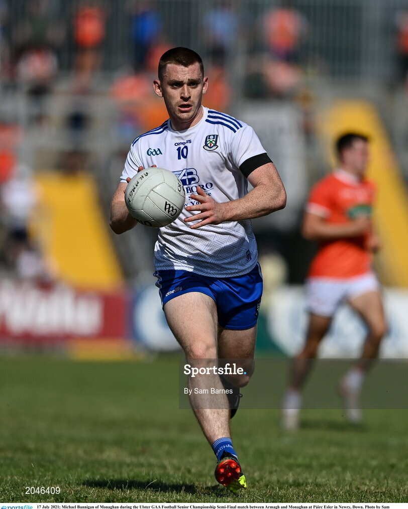 17 July 2021; Michael Bannigan of Monaghan during the Ulster GAA Football Senior Championship Semi-Final match between Armagh and Monaghan at Páirc Esler in Newry, Down. Photo by Sam Barnes/Sportsfile