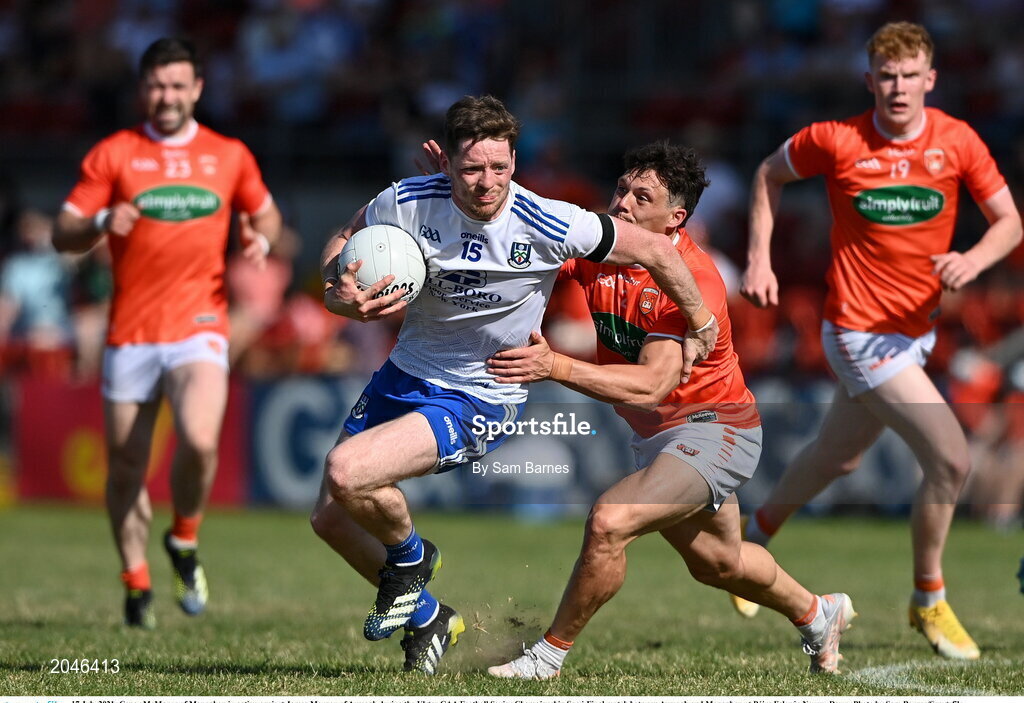 17 July 2021; Conor McManus of Monaghan in action against James Morgan of Armagh during the Ulster GAA Football Senior Championship Semi-Final match between Armagh and Monaghan at Páirc Esler in Newry, Down. Photo by Sam Barnes/Sportsfile