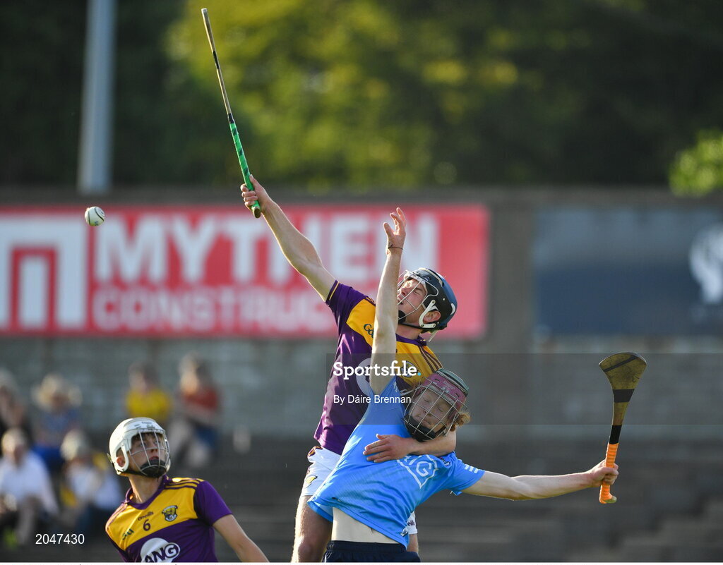 21 July 2021; Cian Ó Tuama of Wexford in action against Diarmuid Ó Dúlaing of Dublin during the Electric Ireland Leinster GAA Minor Hurling Championship Semi-Final match between Dublin and Wexford at Chadwicks Wexford Park in Wexford. Photo by Daire Brennan/Sportsfile