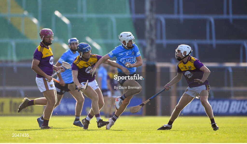 21 July 2021; Liam Garrigan of Dublin in action against Luke Murphy of Wexford during the Electric Ireland Leinster GAA Minor Hurling Championship Semi-Final match between Dublin and Wexford at Chadwicks Wexford Park in Wexford. Photo by Daire Brennan/Sportsfile