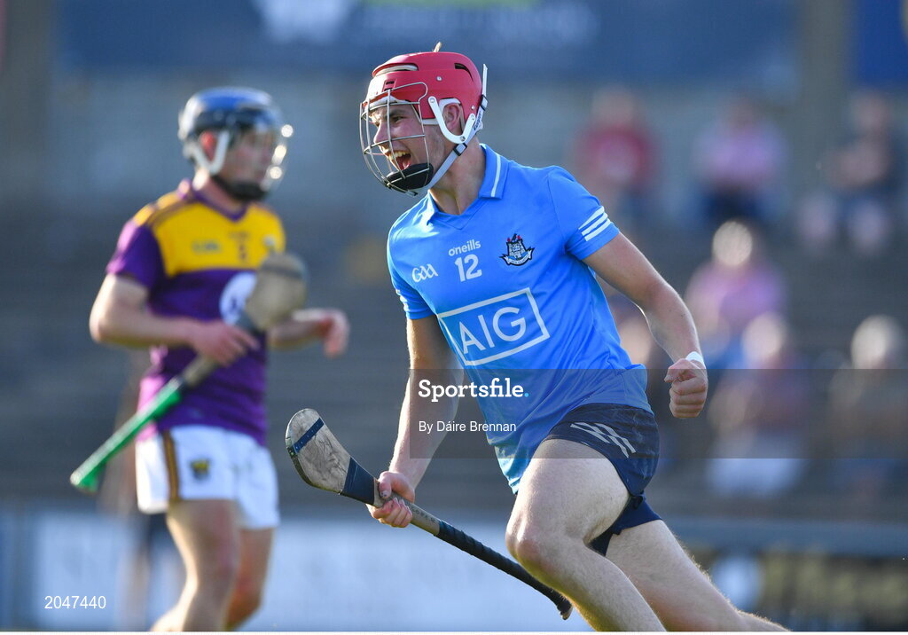 21 July 2021; Dennis McSweeney of Dublin celebrates after scoring his side's first goal during the Electric Ireland Leinster GAA Minor Hurling Championship Semi-Final match between Dublin and Wexford at Chadwicks Wexford Park in Wexford. Photo by Daire Brennan/Sportsfile