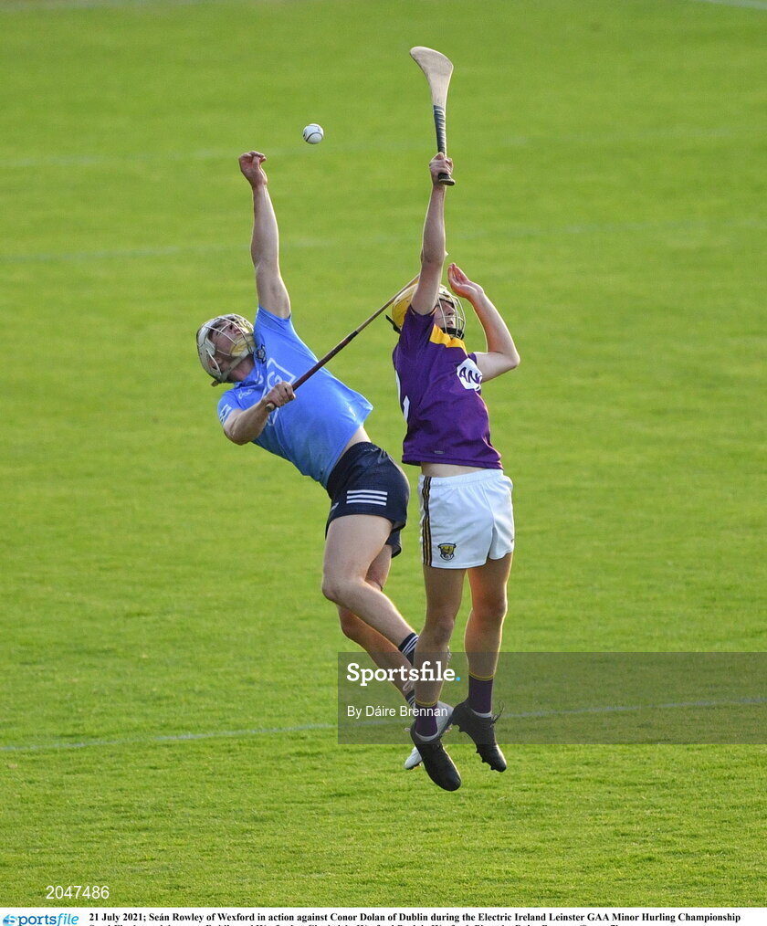 21 July 2021; Seán Rowley of Wexford in action against Conor Dolan of Dublin during the Electric Ireland Leinster GAA Minor Hurling Championship Semi-Final match between Dublin and Wexford at Chadwicks Wexford Park in Wexford. Photo by Daire Brennan/Sportsfile