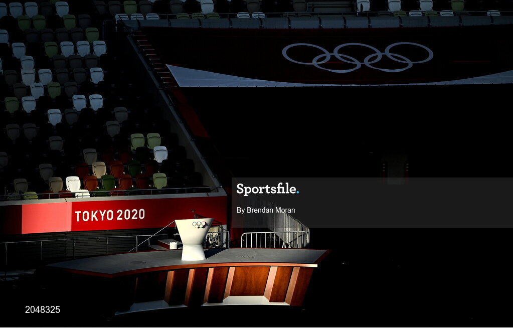 23 July 2021; The speeches podium is seen in the setting sun before the 2020 Tokyo Summer Olympic Games opening ceremony at the Olympic Stadium in Tokyo, Japan. Photo by Brendan Moran/Sportsfile