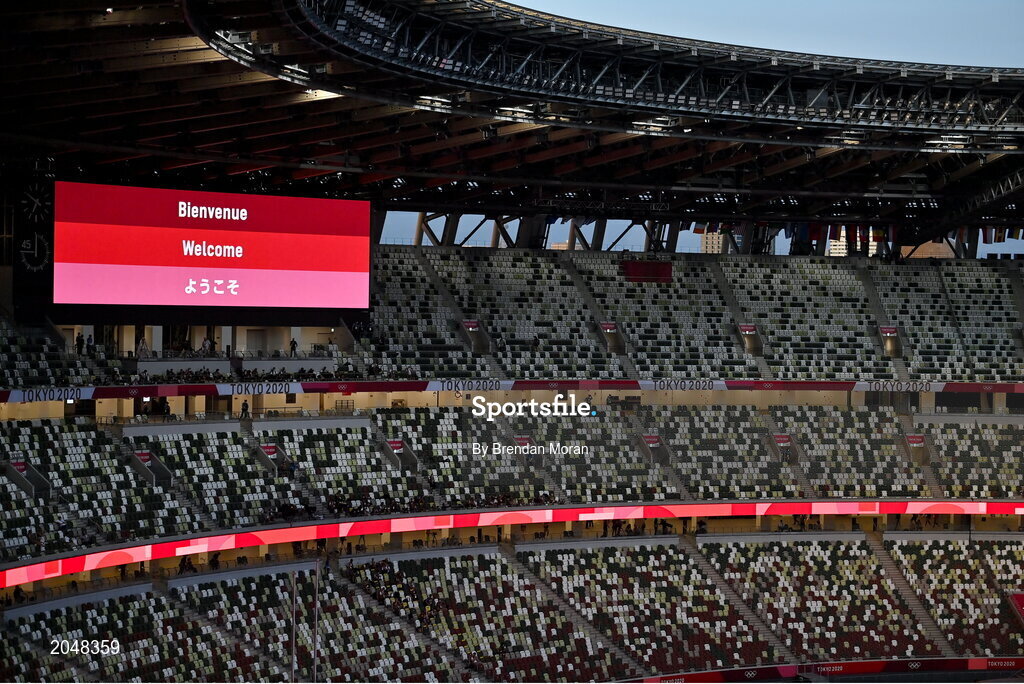 23 July 2021; A general view of a welcome sign with no spectators during the 2020 Tokyo Summer Olympic Games opening ceremony at the Olympic Stadium in Tokyo, Japan. Photo by Brendan Moran/Sportsfile